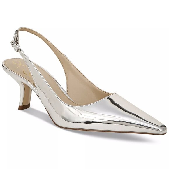 Sam Edelman Bianka Kitten-Heel Leather Slingback Pumps in Soft Silver Metallic - Picture 1 of 8
